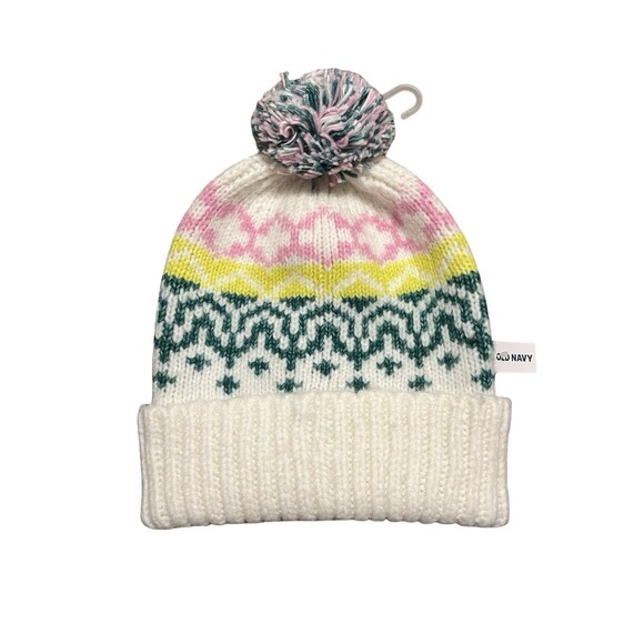 🔥 OLD NAVY Fair Isle Pom Beanie Pastel White/Pink/Yell/Grn OS EUC ! 🔥 - Picture 1 of 5
